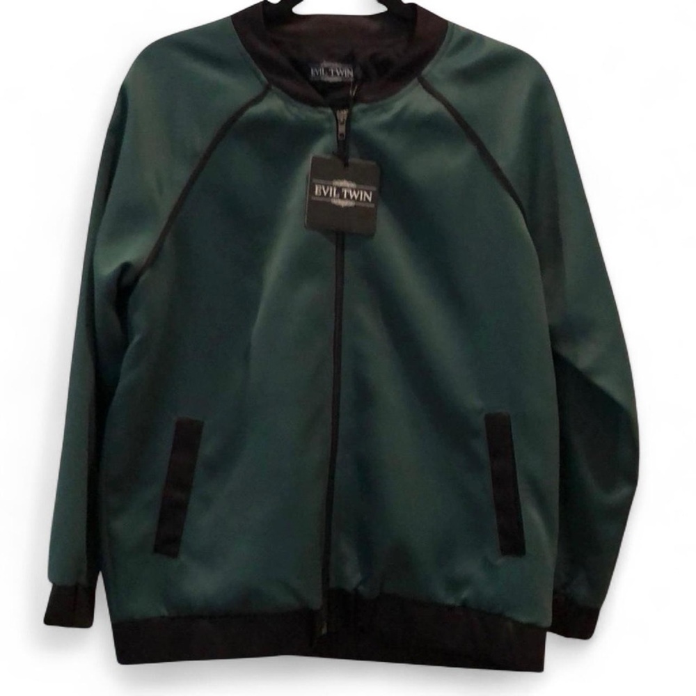 NWT Evil Twin Women's ‘Try Me’ Retro Hunter Green Satin Bomber Jacket — SMALL - Picture 2 of 5